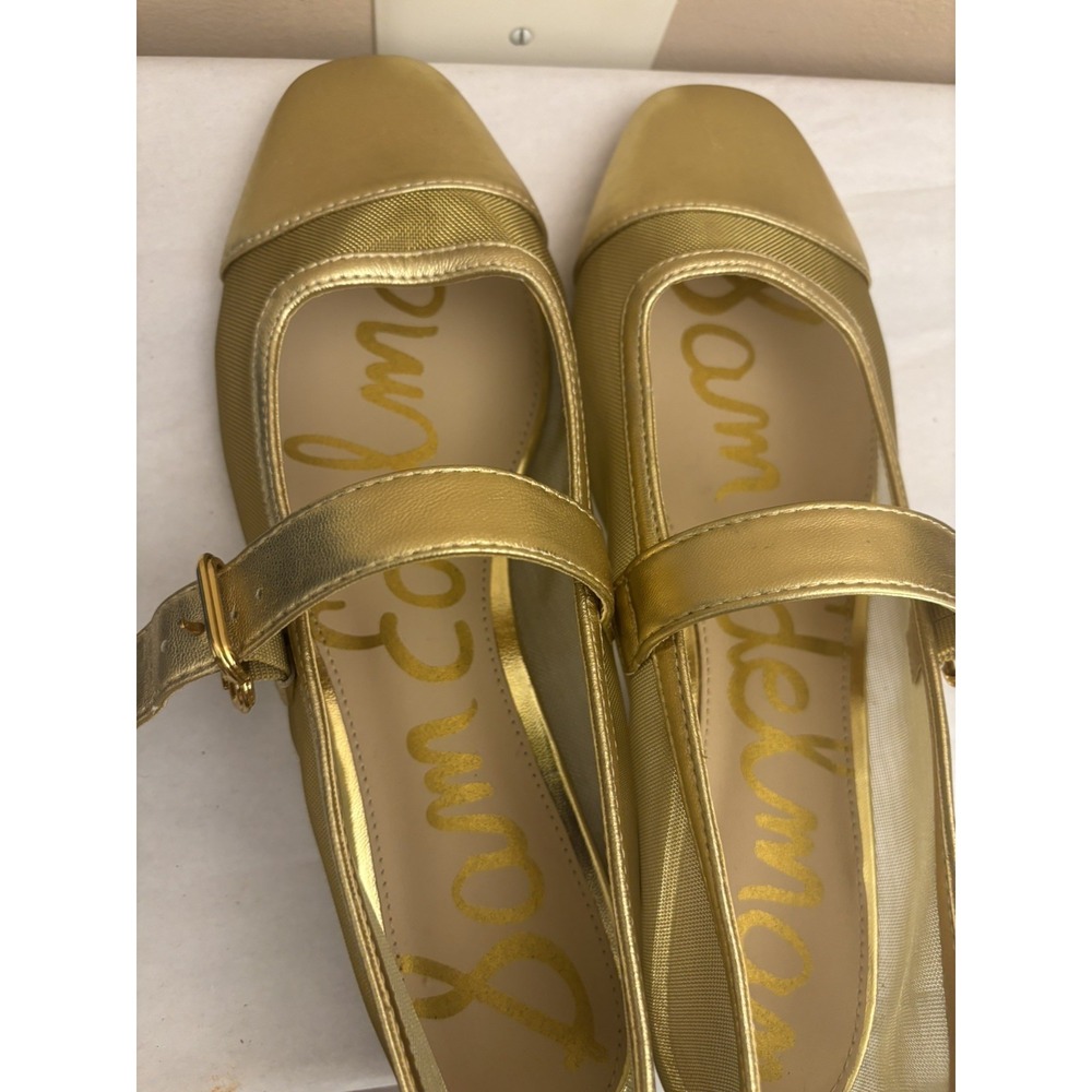 Size 8.5- Sam Edelman Gold Mesh Square Toe Mary Jane Flats Buckle Strap - Picture 4 of 7
